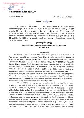 Akredytacja Pomorskiego Kuratora Oświaty 5.08.2025 r.